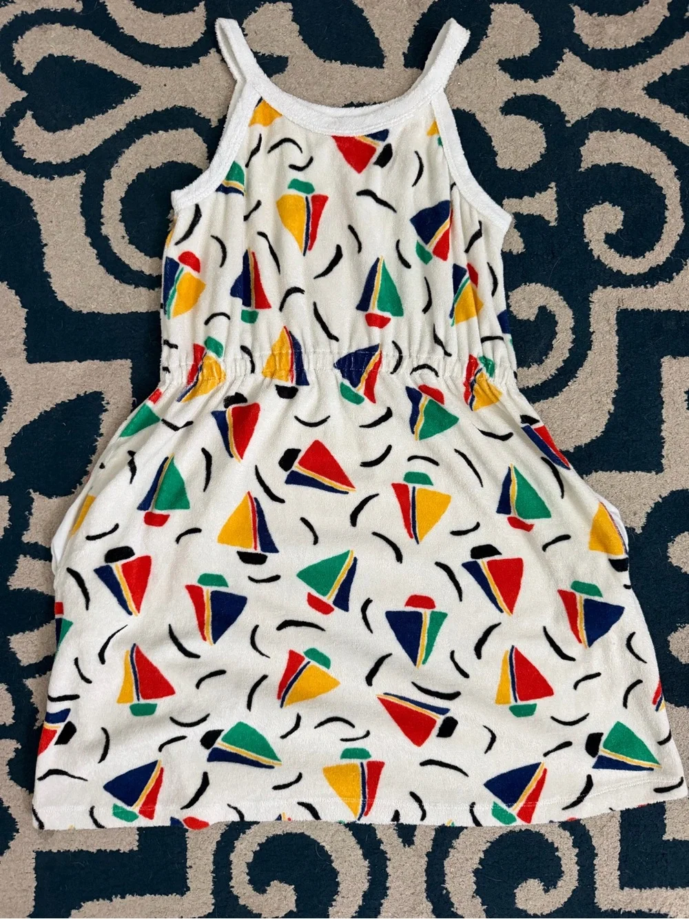 Hanna Andersson White Dress with Red, Yellow, Green & Blue Sailboat Print